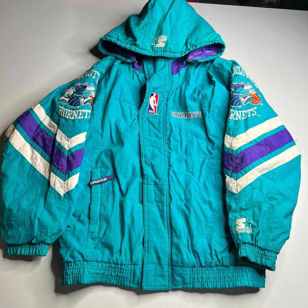 Vintage Starter Charlotte Hornets NBA Jacket Size Youth‎ L Teal Hooded 90s